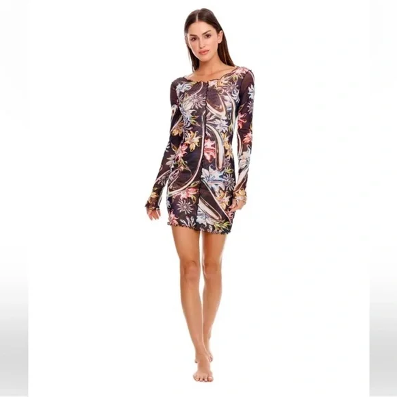 NWT Agua Bendita Hadley Floral Mesh Boat Neck Long Sleeve Mini Dress - Picture 2 of 9